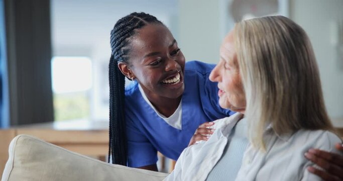 Nurse, senior woman and happy on sofa with care, together or kindness for support with wellness in home. Caregiver, people and mature patient on lounge couch, chat or smile for kindness in retirement