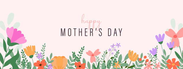 Mother's day banner. Horizontal  banner or background with beautiful colorful flowers and leaves. Spring botanical flat vector illustration for wallpapers, banners, flyers, invitations, posters - obrazy, fototapety, plakaty