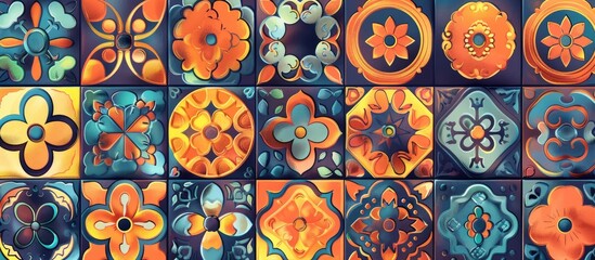 A collection of vibrant tiles showcasing various plant and flower patterns. The artistic designs exhibit symmetry and creativity, adding a unique touch to any flooring - obrazy, fototapety, plakaty