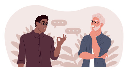 Business people standing, talking and discussing work.