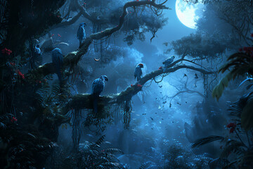 Create an AI artwork capturing the essence of a moonlit black jungle, where the silvery glow casts...