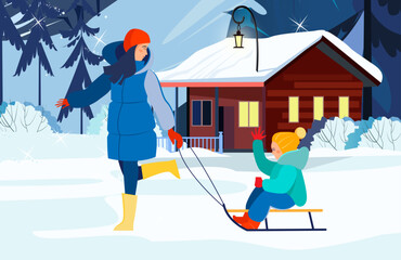 Young woman pulling sledge with kid. Mom and little son enjoying winter activity flat vector illustration. Country house on backgrouns. Family, lifestyle, leisure, ourdoor activity concept