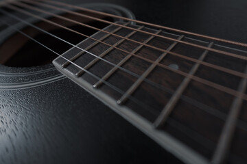 Acoustic guitar with black soundboard close-up