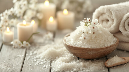 Serene spa setting with bath salts, candles, and white flowers for a tranquil and luxurious wellness experience.