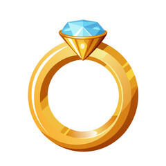 Golden engagement ring with a big shining diamond, sketch style illustration