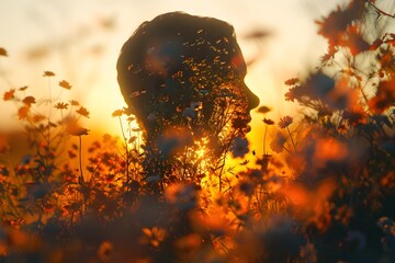 Enigmatic Silhouette Merging with Radiant Sunrise Amidst Blossoming Spring - obrazy, fototapety, plakaty
