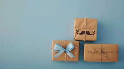 Elegant Gift Wrapped with a Mustache Emblem and Blue Ribbon on a Blue Background