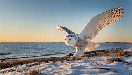 the snowy owl bubo scandiacus also known as the polar owl the white owl and the arctic owl on the shore lake michigan in winter during migration from the north - obrazy, fototapety, plakaty