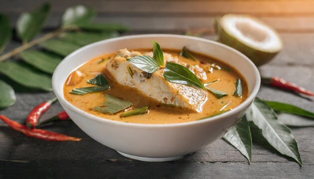 fish curry traditional thai fish curry thai special dish using coconut arranged in a white bowl garnished with curry leaves on black wooden textured background