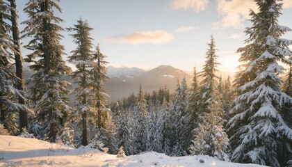a beautiful forest scene in winter with pine trees laden with snow in the cascade mountains in washington state
