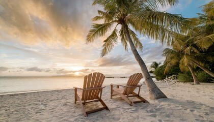 caribbean beach getaway adirondack chairs and palm tree in tropical paradise