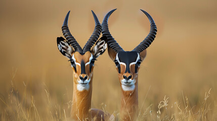 Two antelope with horns facing each other in a field - obrazy, fototapety, plakaty