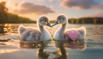 adorable valentine s animal baby swans holding hearts perfect for love themed designs generative ai - obrazy, fototapety, plakaty