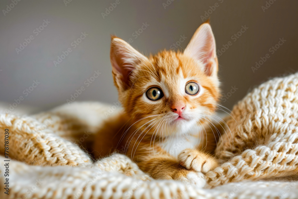 Wall mural small orange kitten with big blue eyes sits on blanket.