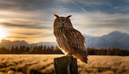 brown owl on brown wooden post - obrazy, fototapety, plakaty