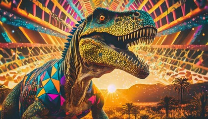 a vibrant t rex in neon colors with a retro inspired shirt design featuring geometric patterns and...