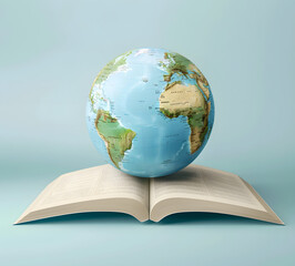 A globe on an open book on a light blue background. See the world through books concept. World book day.