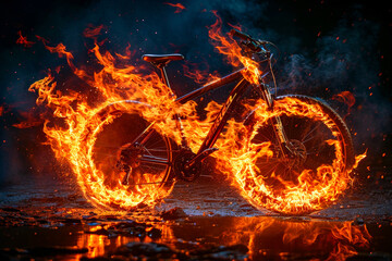 Bike that is on fire and is surrounded by fire. - obrazy, fototapety, plakaty