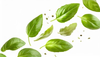Fototapeta na wymiar fresh green organic basil leaves flying isolated on white background with clipping path food levitation concept pattern ingredient spice for cooking creative layout with basil