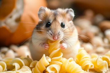 Hamster is eating some pasta. - obrazy, fototapety, plakaty