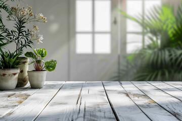 White pot with flowers sits on wooden table near window. - Powered by Adobe