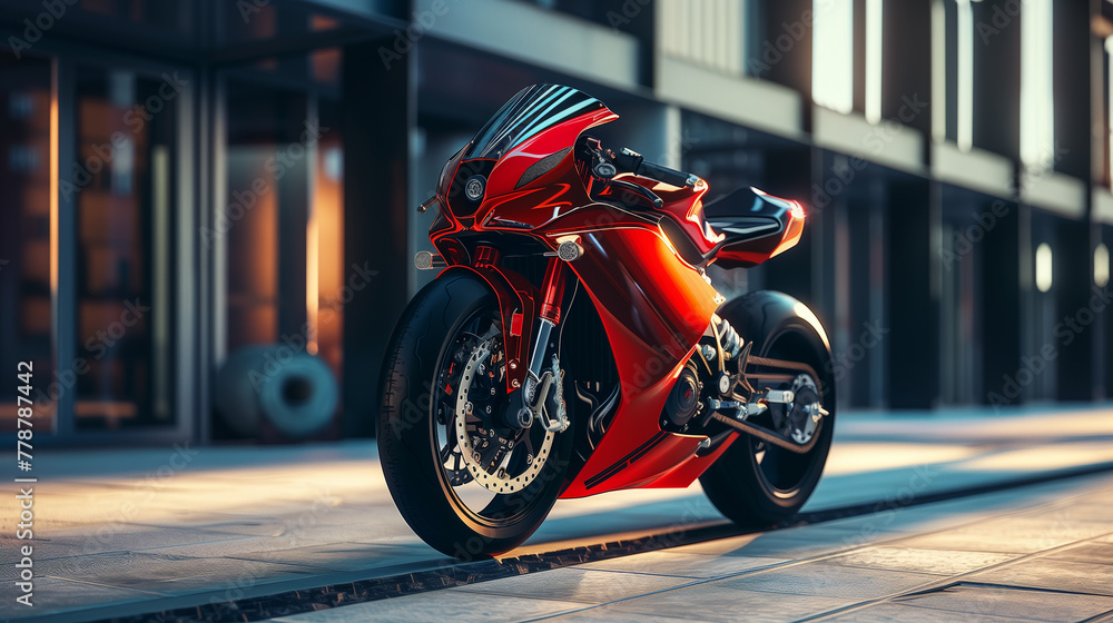 Wall mural red motorcycle on the road, modern sports bike 