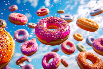 Group of donuts that are brightly colored and appear to be floating in the air.