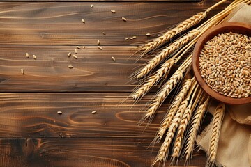 Bunch of golden wheat ears next to a bowl of grains on a rustic wooden table, embodying natural...