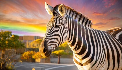 a zebra with a rainbow stripe pattern on its body the zebra is standing in front of a colorful background