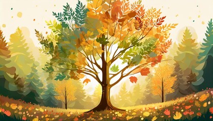 a vibrant vector illustration featuring a tree adorned with colorful leaves set in a lush forest...