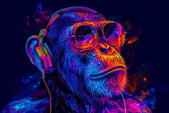 Colorful and abstract picture of monkey wearing sunglasses and headphones.