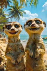 Foto op Canvas Two cartoon animal faces resembling meerkats or weasels are drawn side by side with beach scene in the background. © valentyn640