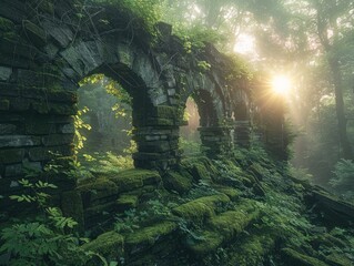 Ancient ruins, moss-covered stones, lush greenery, sun filtering through trees Timeless and...