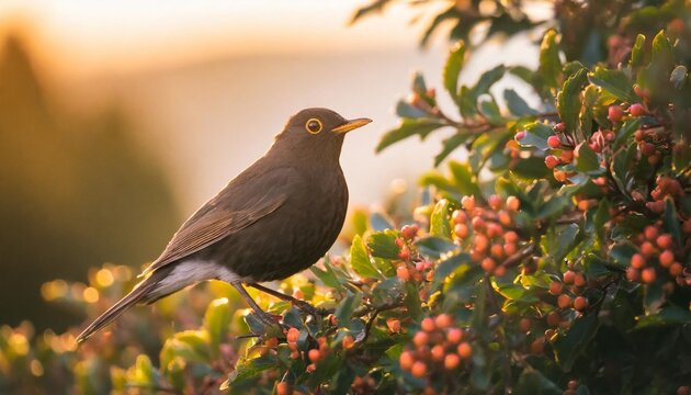 blackbird on cotoneaster bush