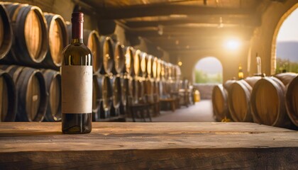 table background of free space for your wine bottle or food on top and dark retro interior of barrels high quality photo