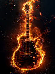 Burning electric guitar on black background - obrazy, fototapety, plakaty