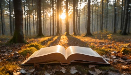 magic book open on the ground in a forest