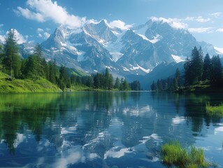 A serene mountain lake, surrounded by snow-capped peaks, mirrored reflections of alpine beauty Alpine Tranquility Majestic Peaks & Crystal Waters Pristine Solitude & Natural Harmony
