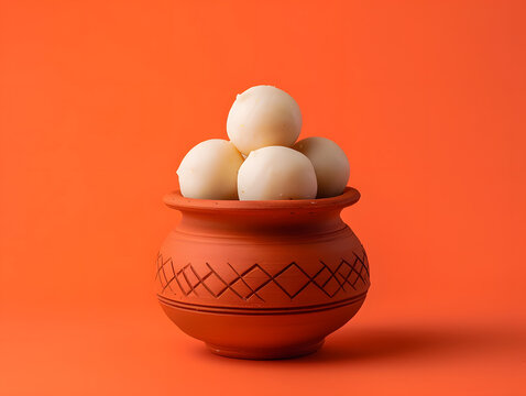 Rasgulla in a terracotta clay bowl on an orange background. Bengali New Year celebration. Poila Baisakh concept.
