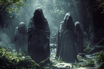 Mysterious Ritual Performers Amid the Haunted Forest s Haunting Veil - obrazy, fototapety, plakaty