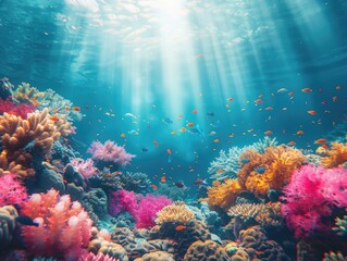 Obraz na płótnie Canvas A surreal underwater scene, colorful coral reefs teeming with exotic marine life, illuminated by sun rays Oceanic Wonder Submerged Majesty & Vibrant Ecosystem Aquatic Splendor & Natural Diversity