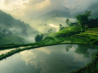 Foto op Canvas A tranquil rice paddy field at dawn, morning mist rising over terraced slopes, reflecting the first light Rice Terrace Tranquility Ethereal Mist & Terraced Beauty Serene Reflections © SurfacePatterns