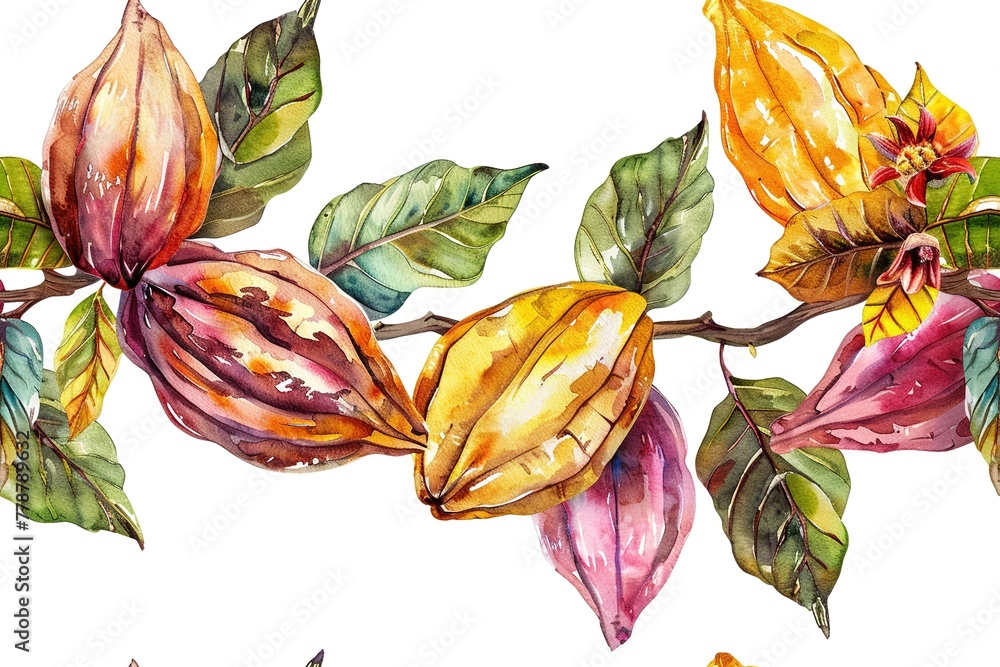 Wall mural seamless border of ripe cocoa pods on branches. ideal for culinary and educational topics. watercolo - Wall murals