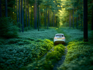 Obraz na płótnie Canvas Car drives through forest and woods, navigating nature's path on a sunny morning
