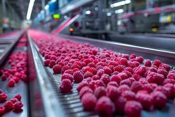 Raspberries Being Processed on Conveyor Belt at Factory
