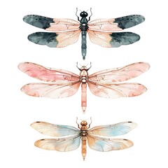 Set of delicate and graceful watercolor dragonflies is ideal for decorative items, scientific research and environmental themes. Detailed winged insects