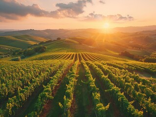Rolling vineyard hills at golden hour, grapevines laden with fruit Wine Country Beauty Drone Capture & Ultra HD Idyllic Landscape - obrazy, fototapety, plakaty