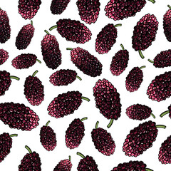 Hand drawn fresh mulberries vector seamless pattern on white background Juicy black and red mulberries background Mulberries texture for printing on textiles, wrapping paper, wallpaper, card or else 