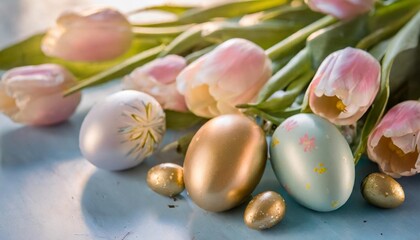 Fototapeta na wymiar pastel colored decorated easter eggs and tulips on a bright blue background
