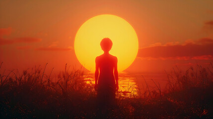 Silhouetted Figure Contemplating the Ethereal Beauty of a Sunset Horizon